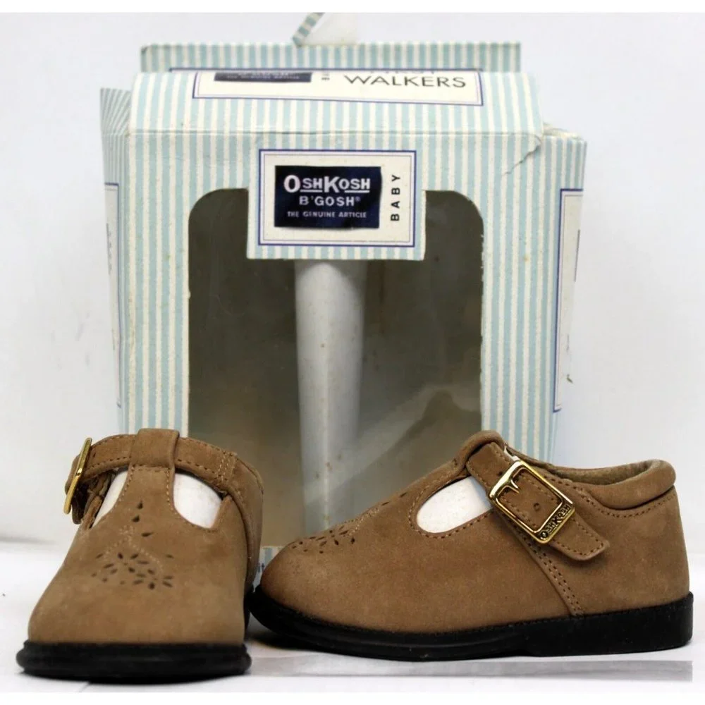 2001 OshKosh B'Gosh Baby First Walkers Shoes sz 3.5 Olive Leather Strap Floral